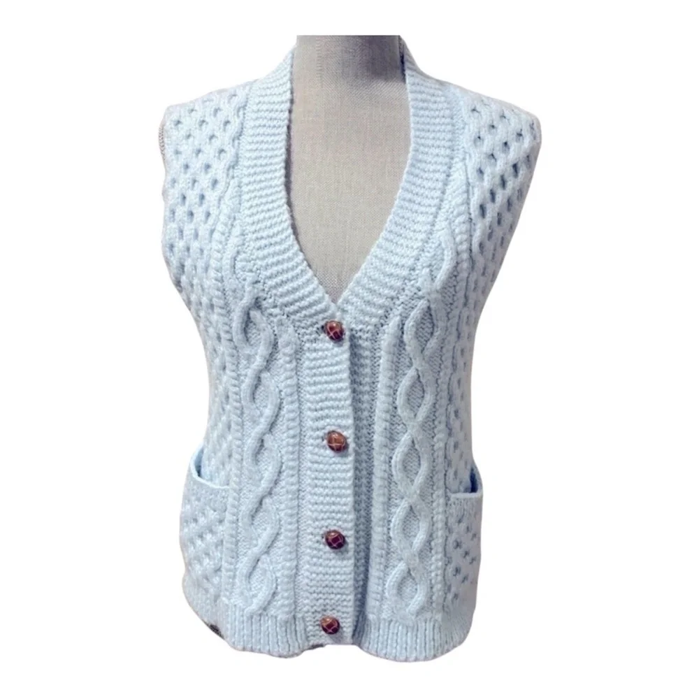 Baby Blue Chunky Hand Knit Vest 1970s Size Small